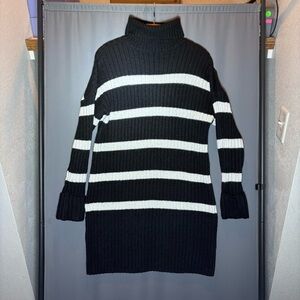 Black and White Striped Turtleneck Sweater Dress